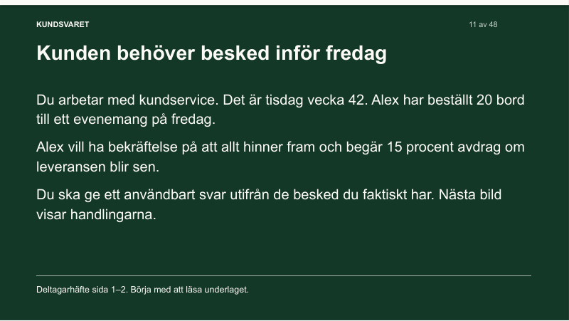 Bild 11, Kunden behöver besked inför fredag. Du arbetar med kundservice. Alex har beställt 20 bord till ett evenemang på fredag och vill ha bekräftelse på att allt hinner fram, annars 15 procent avdrag. Du ska ge ett användbart svar utifrån de besked du faktiskt har.